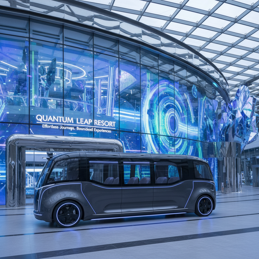 a sleek, modern maxi-cab or limousine parked in front of a futuristic indoor attraction in Singapore, suggesting comfort - Singapore Rainy Day Activities