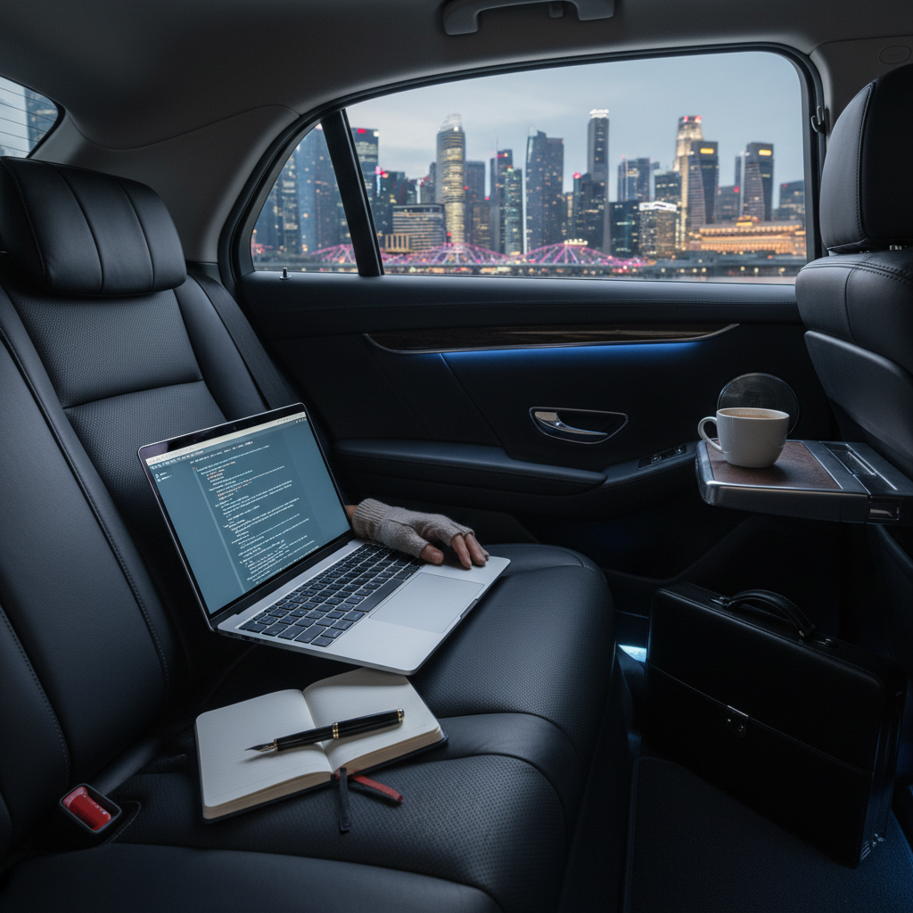 a passenger, fully relaxed, working on a laptop comfortably in the spacious backseat of a private car, with the Singapor - point to point transport singapore