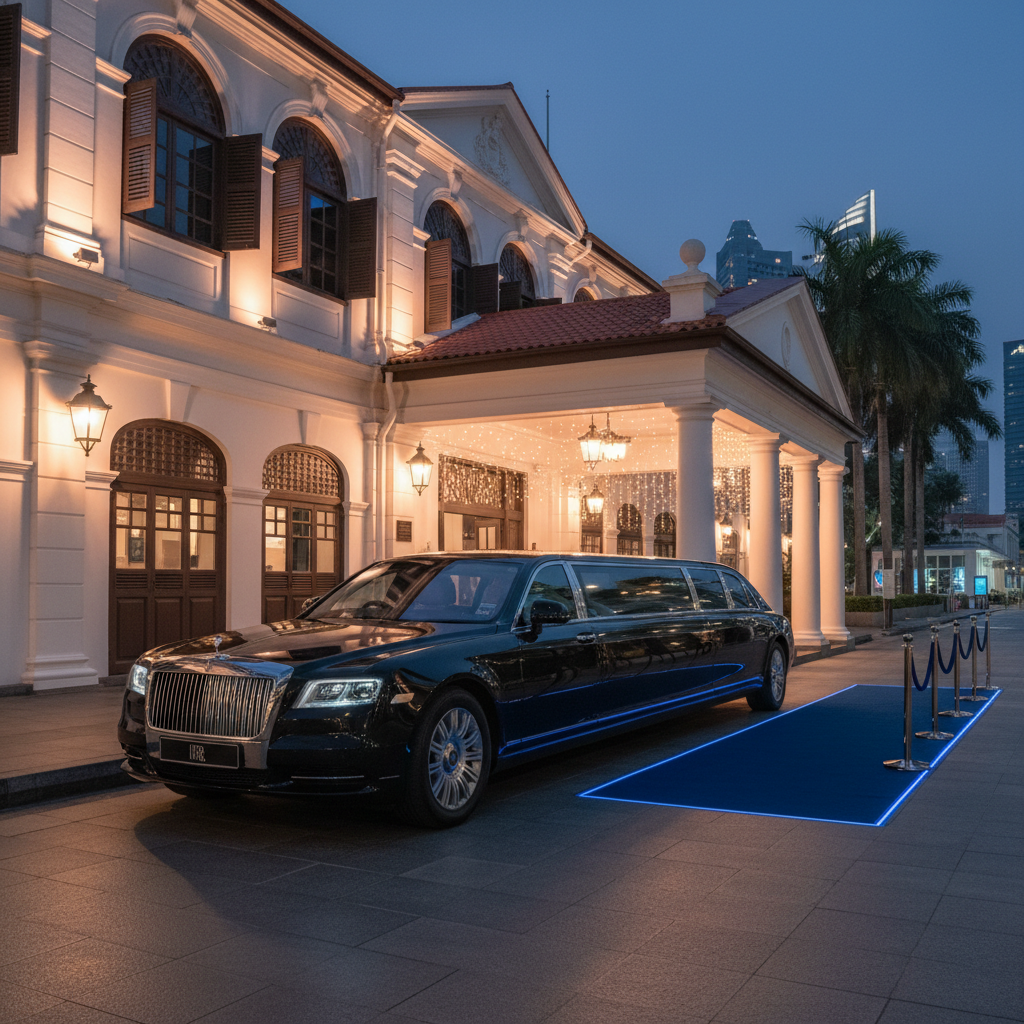 a sleek, black luxury sedan or limousine parked elegantly outside a colonial-era building in Singapore, signifying a spe - point to point transport singapore