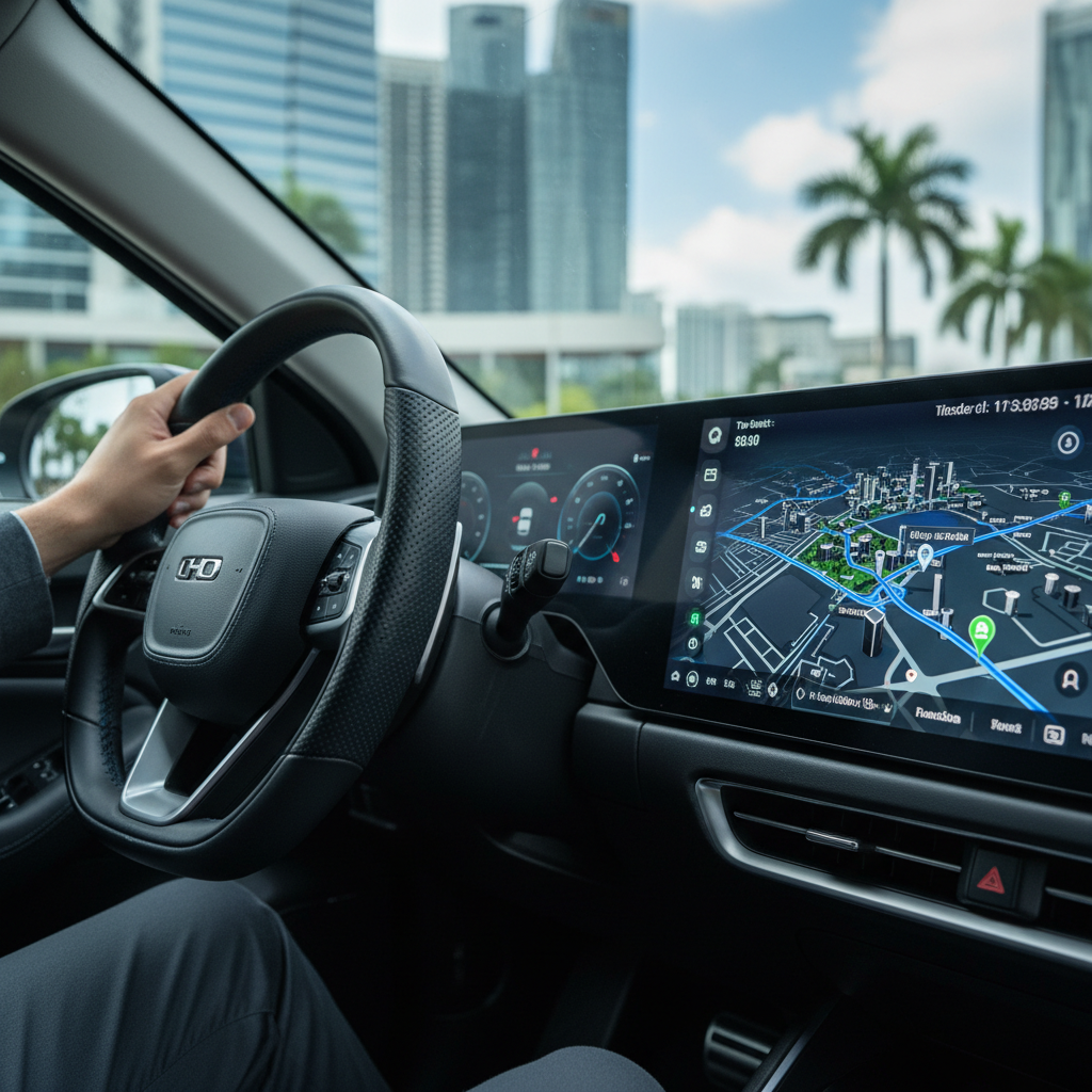 a modern driver's hand on a steering wheel, looking at a digital map navigation screen showing an optimal route through - point to point transport singapore