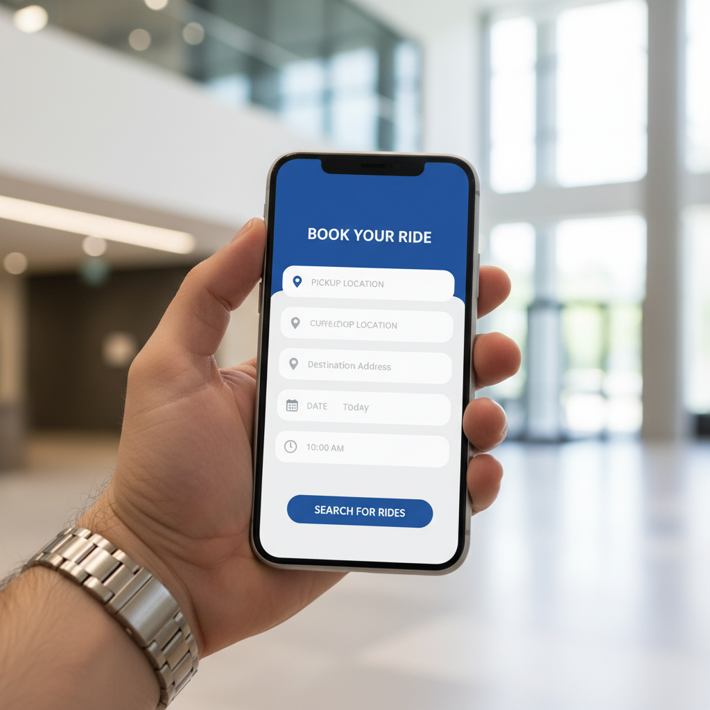 a hand holding a smartphone with a clean, user-friendly online booking interface for a transportation service, showing f - point to point transport singapore