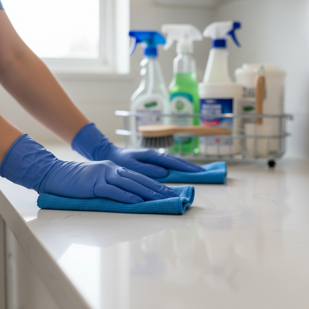 a pair of hands wearing gloves, tidying up a kitchen counter with cleaning supplies in the background, out of focus, ill