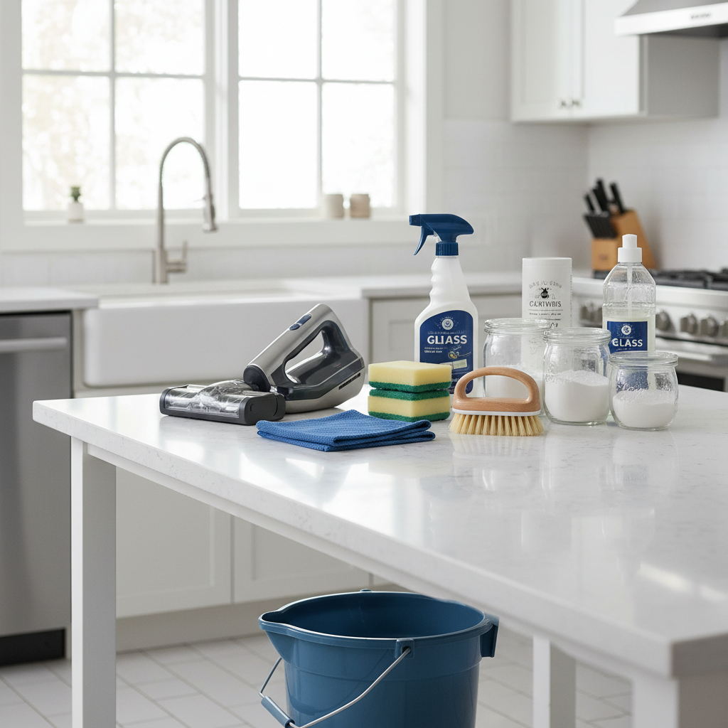 various cleaning tools and products arranged neatly on a counter, symbolizing preparedness and efficiency in cleaning
