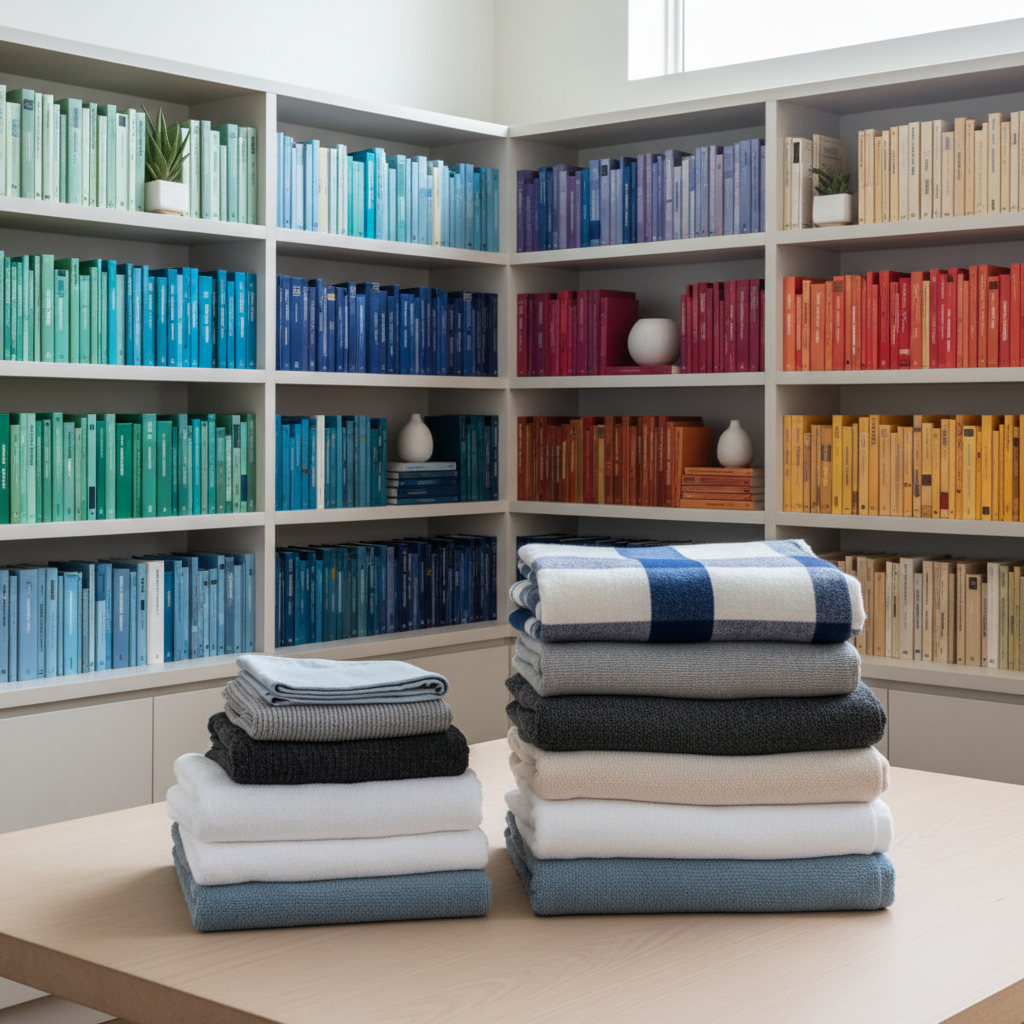 a stack of neatly folded laundry and tidied bookshelves, indicating an organized home environment achieved through caref