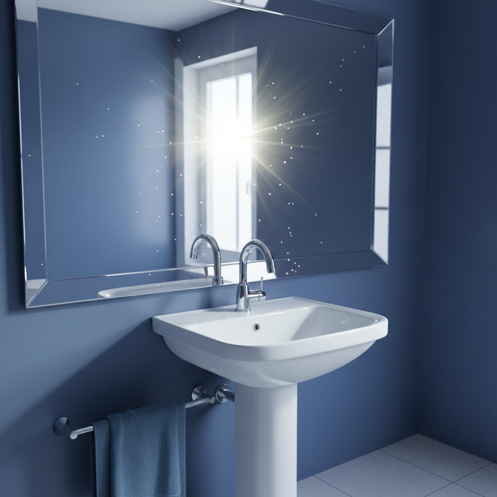 a gleaming bathroom sink with a polished faucet and sparkling mirror, reflecting light, showcasing perfect cleanliness