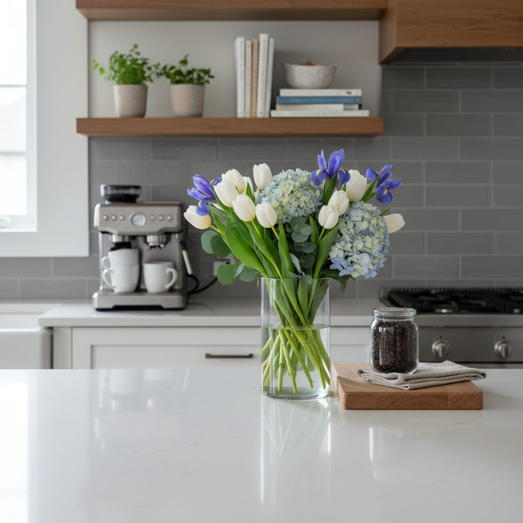 a pristine kitchen countertop with a vase of fresh flowers, wiped clean and organized, showcasing a harmonious and clean