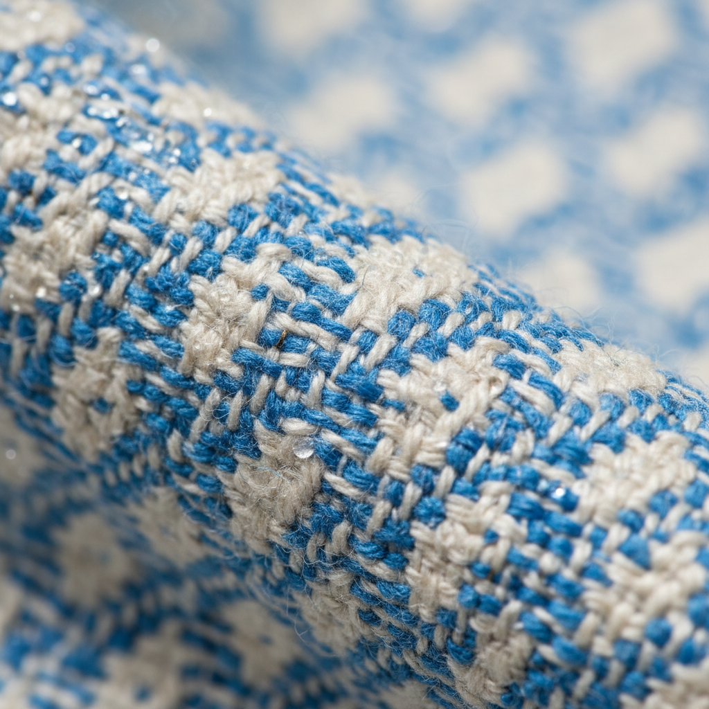 a macro shot of a clean, intricately woven fabric or upholstery texture, highlighting freshness and detail with soft lig