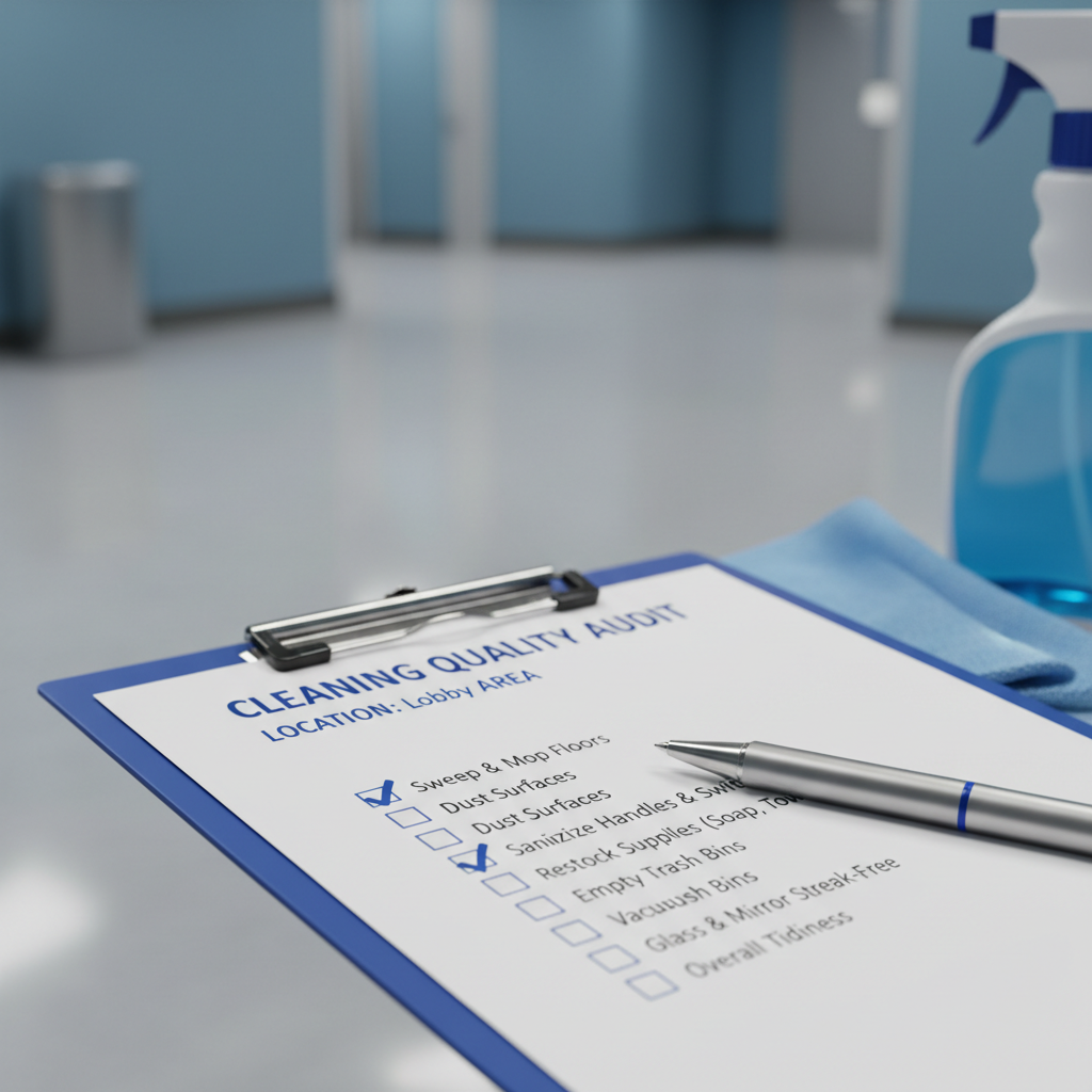 a clipboard with a checklist and a pen, symbolizing quality control and the process of reviewing and improving cleaning 