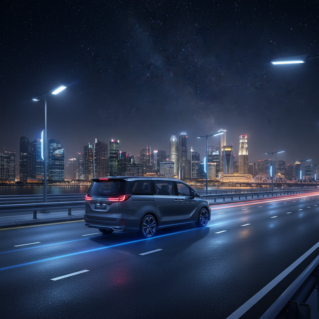 a sleek, modern minivans or maxicab on a well-maintained road under a clear night sky in Singapore, city lights in the d - singapore night safari experience