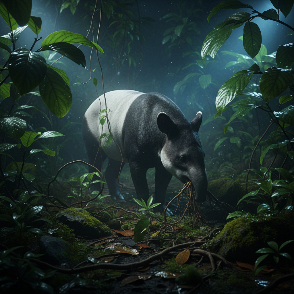 a close-up, low-light shot of a Malayan tapir foraging in a lush jungle environment at night, subtle artificial lighting - singapore night safari experience