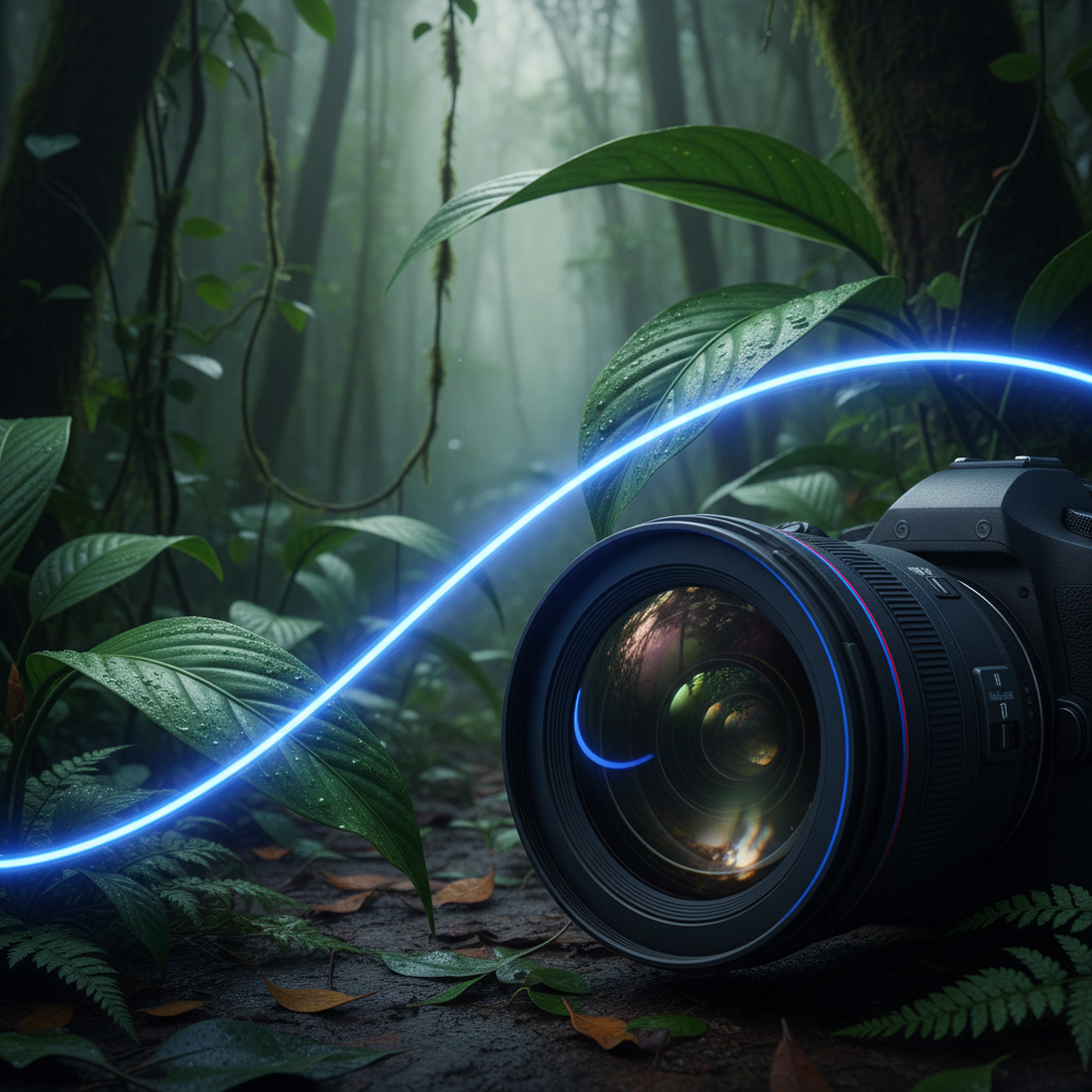 a high-quality camera lens capturing a blurry streak of light, indicating motion in low light, in a jungle setting, no p - singapore night safari experience