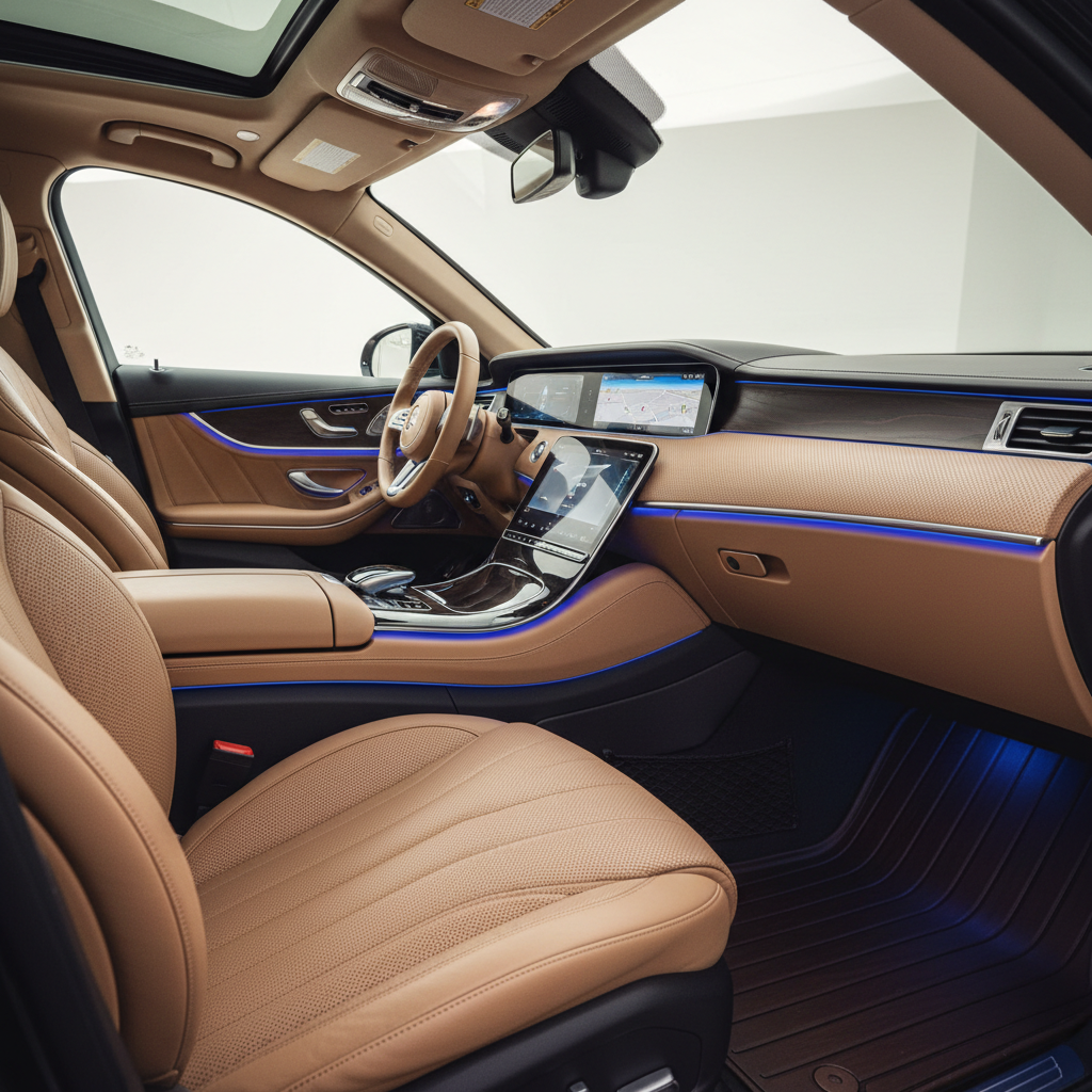 a close-up of a sleek, comfortable car interior with leather seats and ample legroom, conveying luxury and cleanliness. - Cheap Limousine Service Singapore