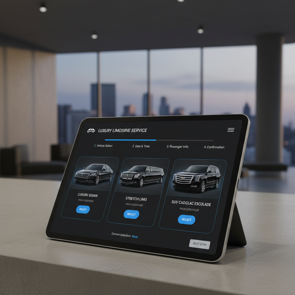 a clean, modern digital booking interface for a limousine service on a tablet, showing clear pricing and vehicle options - Cheap Limousine Service Singapore
