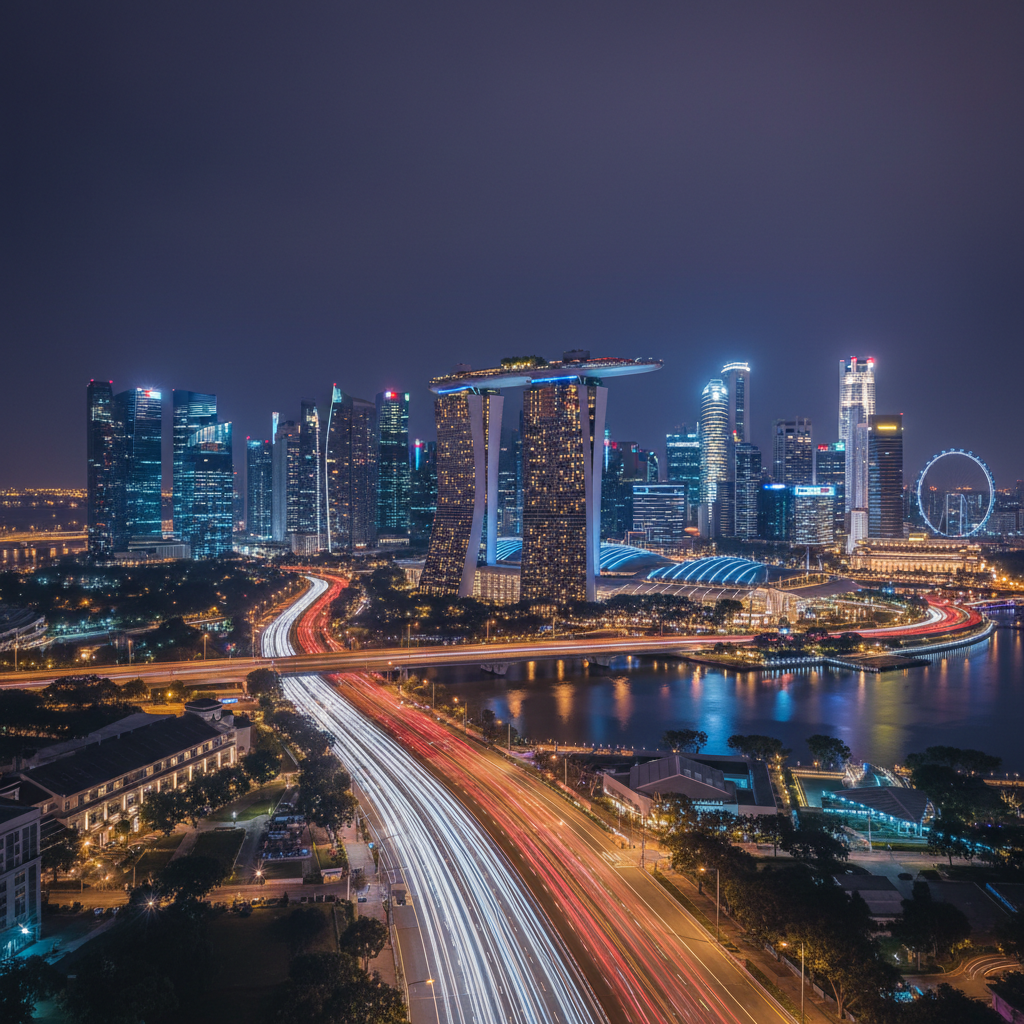 a cityscape of Singapore at night, showing brightly lit buildings and car lights forming streaks, representing late-nigh - Cheap Limousine Service Singapore