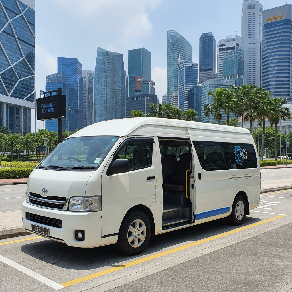 a pristine white 7-seater maxicab parked gracefully against a backdrop of modern Singaporean architecture, emphasizing i - Cheap Limousine Service Singapore
