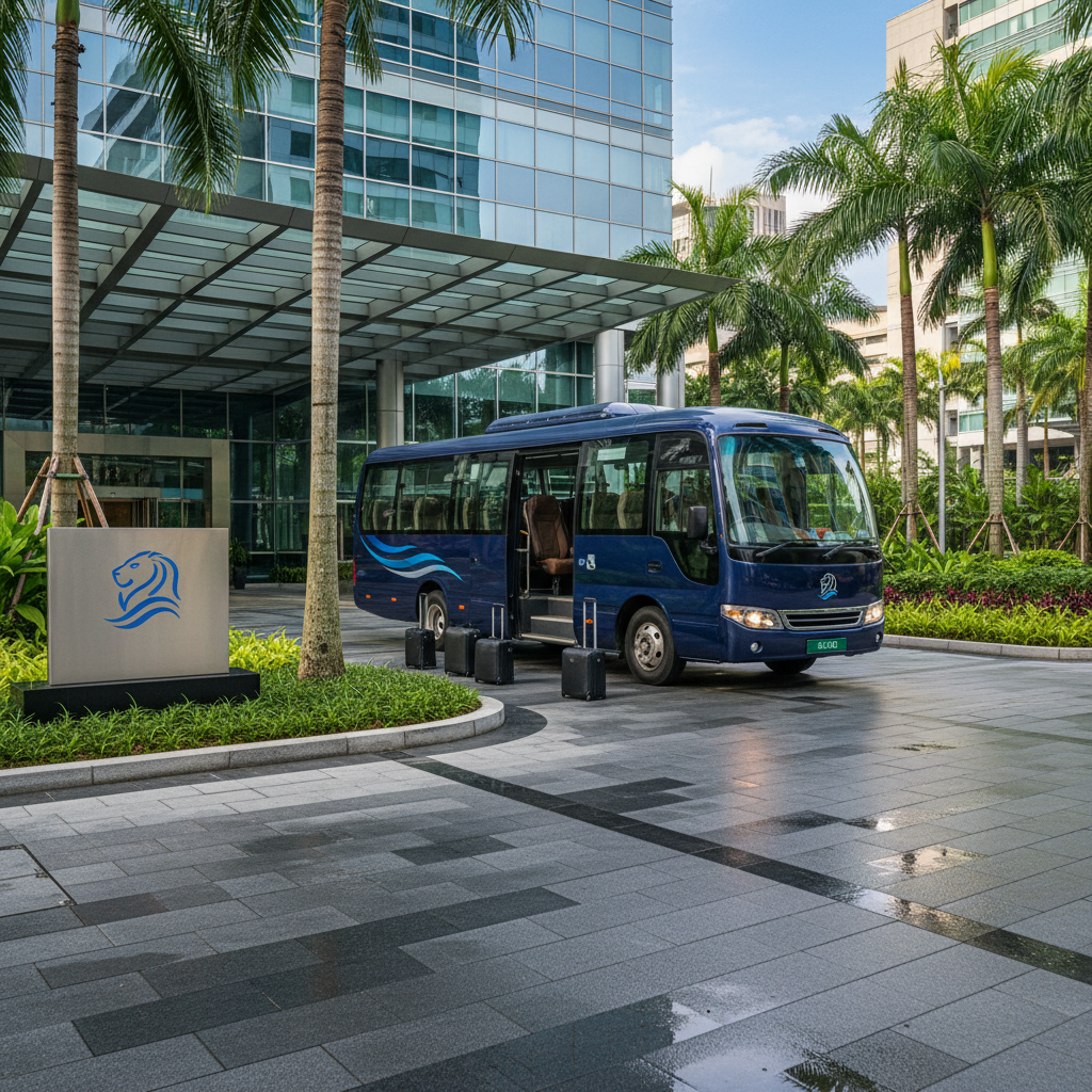 a diverse group of business professionals walking towards a well-appointed minibus parked at a corporate building in Sin - Cheap Limousine Service Singapore