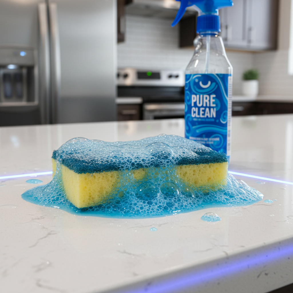 a close-up of a sponge and cleaning solution on a sparkling countertop, with a blurred background of a modern kitchen