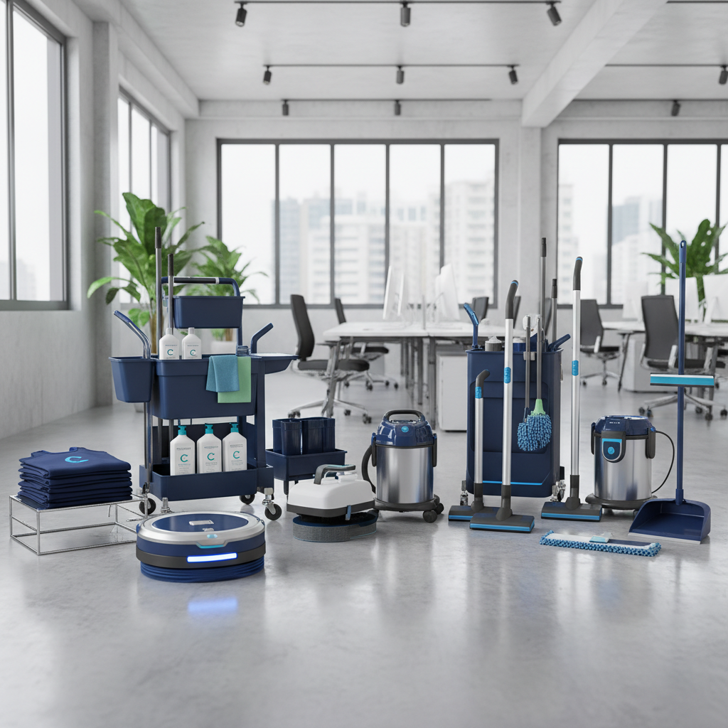 a group of diverse, professional cleaners in matching uniforms, smiling in a well-maintained office environment, holding
