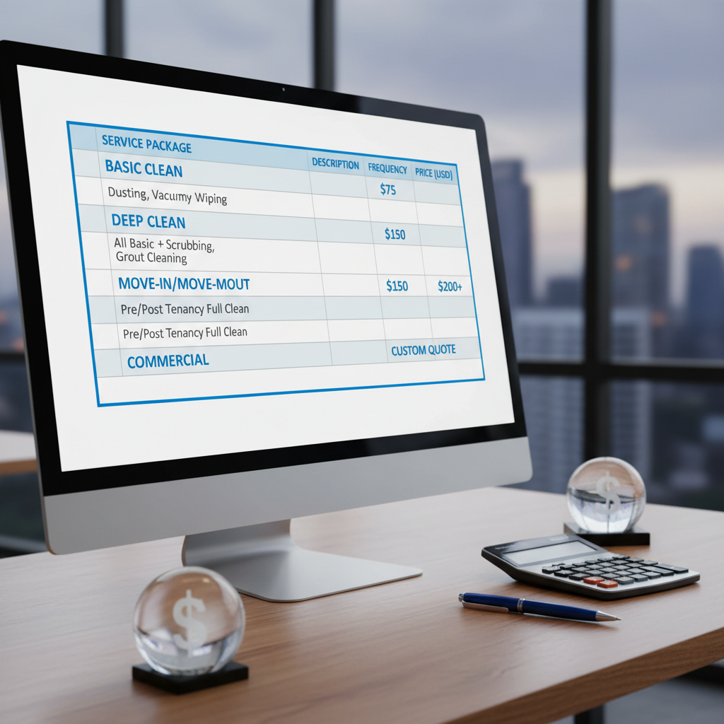 a digital spreadsheet displaying various cleaning service packages and their transparent pricing, with a calculator and