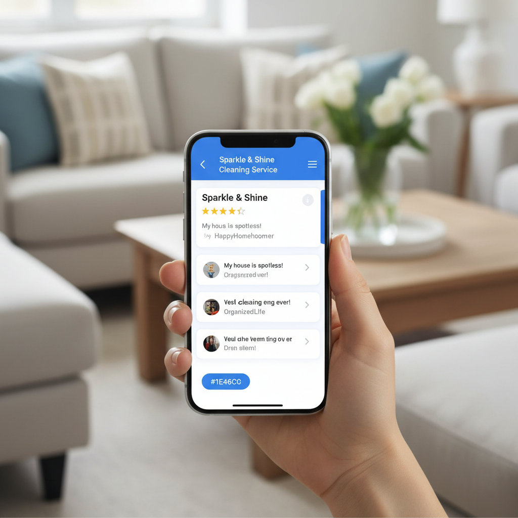 a hand holding a glowing smartphone displaying positive online reviews for a cleaning service, against a blurred backgro