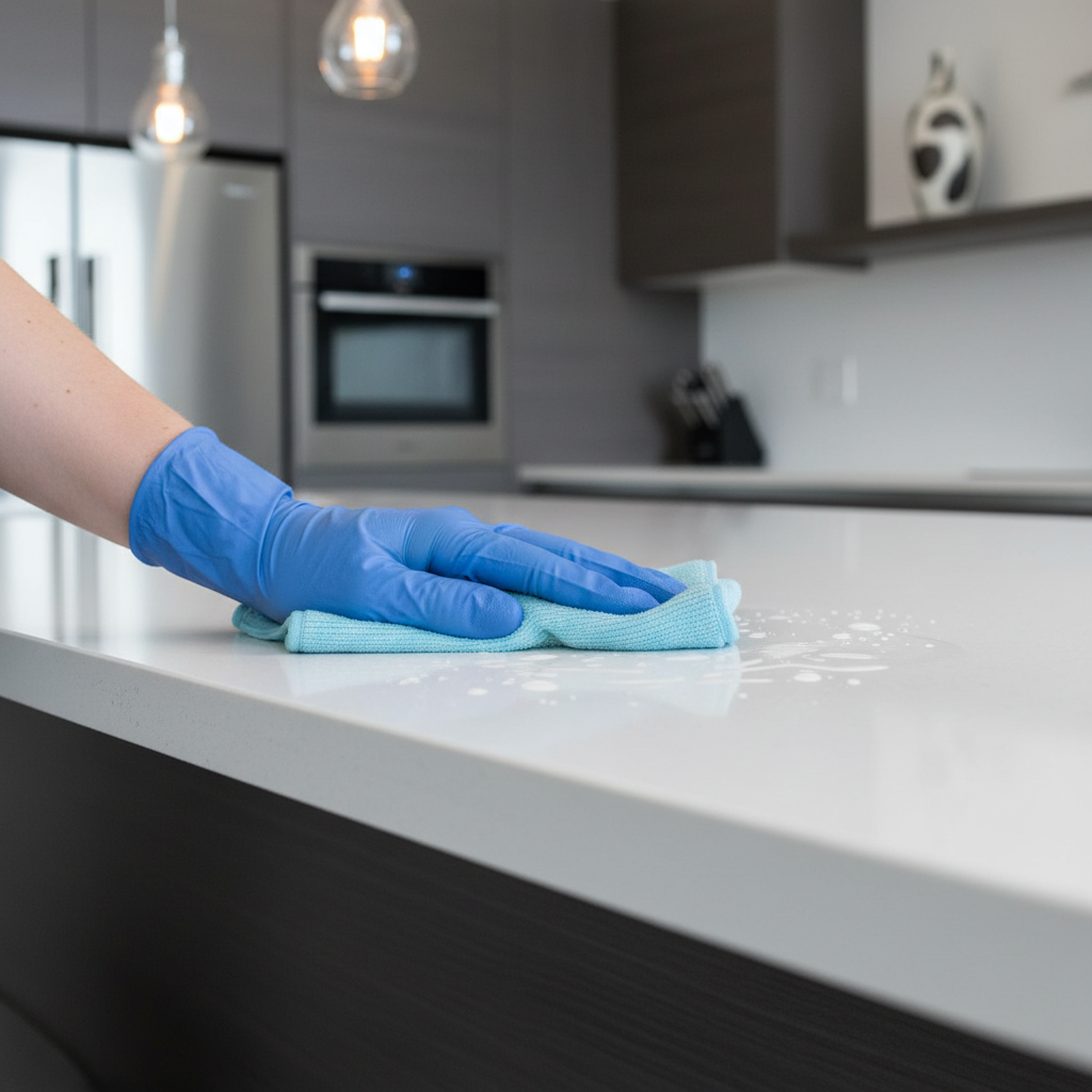 a close-up of a hand meticulously wiping down a kitchen counter, showing sparkling clean surfaces and a blurred backgrou