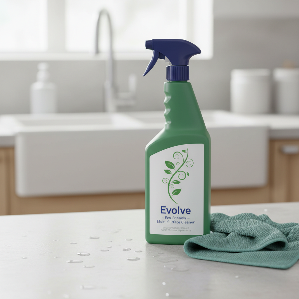 a close-up of a green, biodegradable cleaning product bottle with a subtle plant motif, placed next to a microfiber clot
