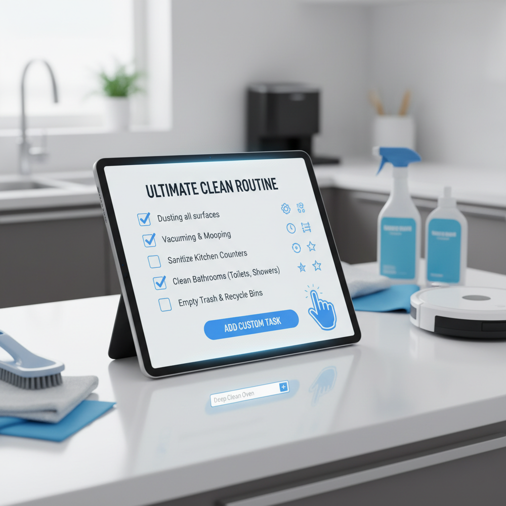 a detailed graphic illustrating a cleaning checklist with items being ticked off, highlighting thoroughness and customiz