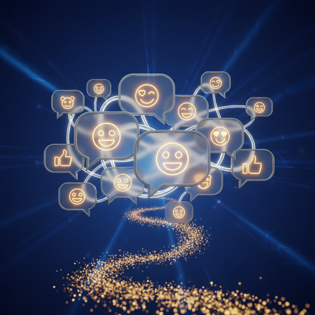 an abstract representation of interconnected speech bubbles with happy emojis, symbolizing positive customer feedback an