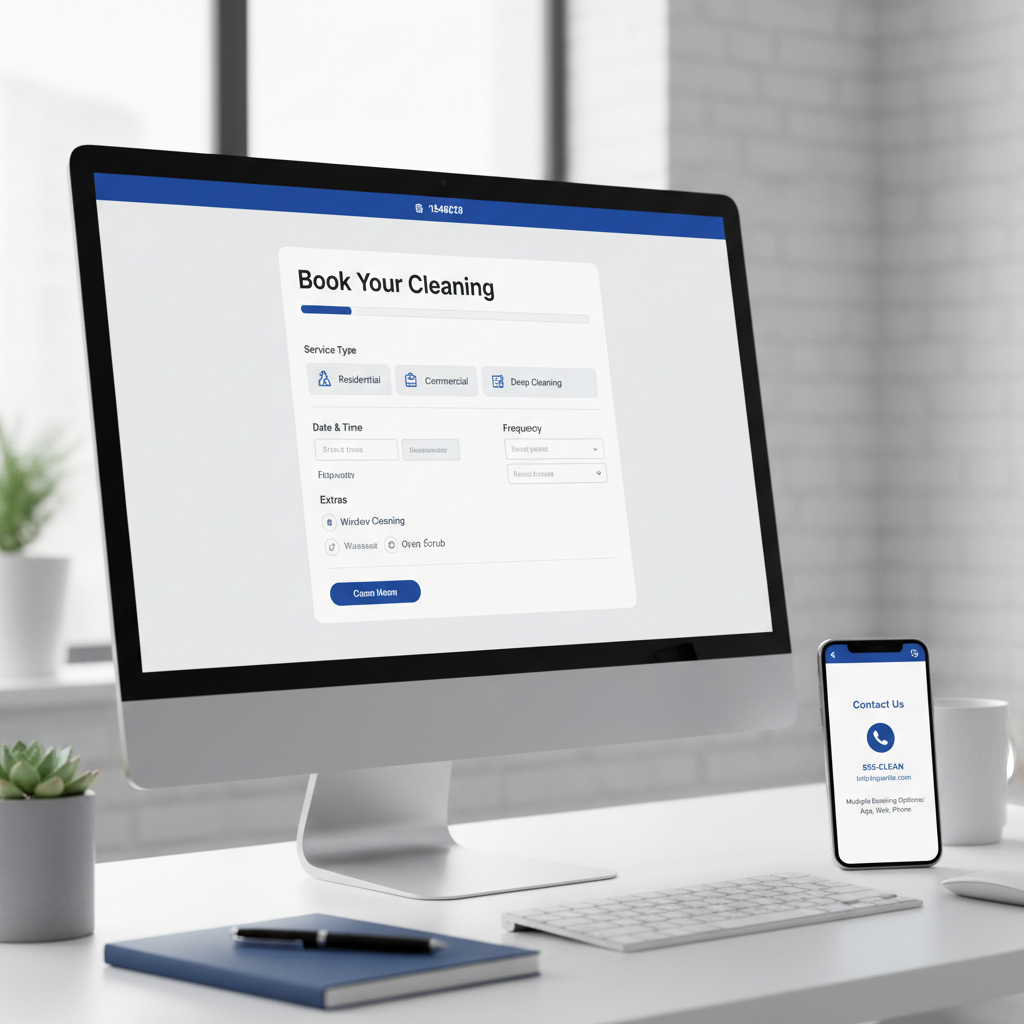 a computer screen displaying an intuitive online booking form for cleaning services, alongside a smartphone showing cont