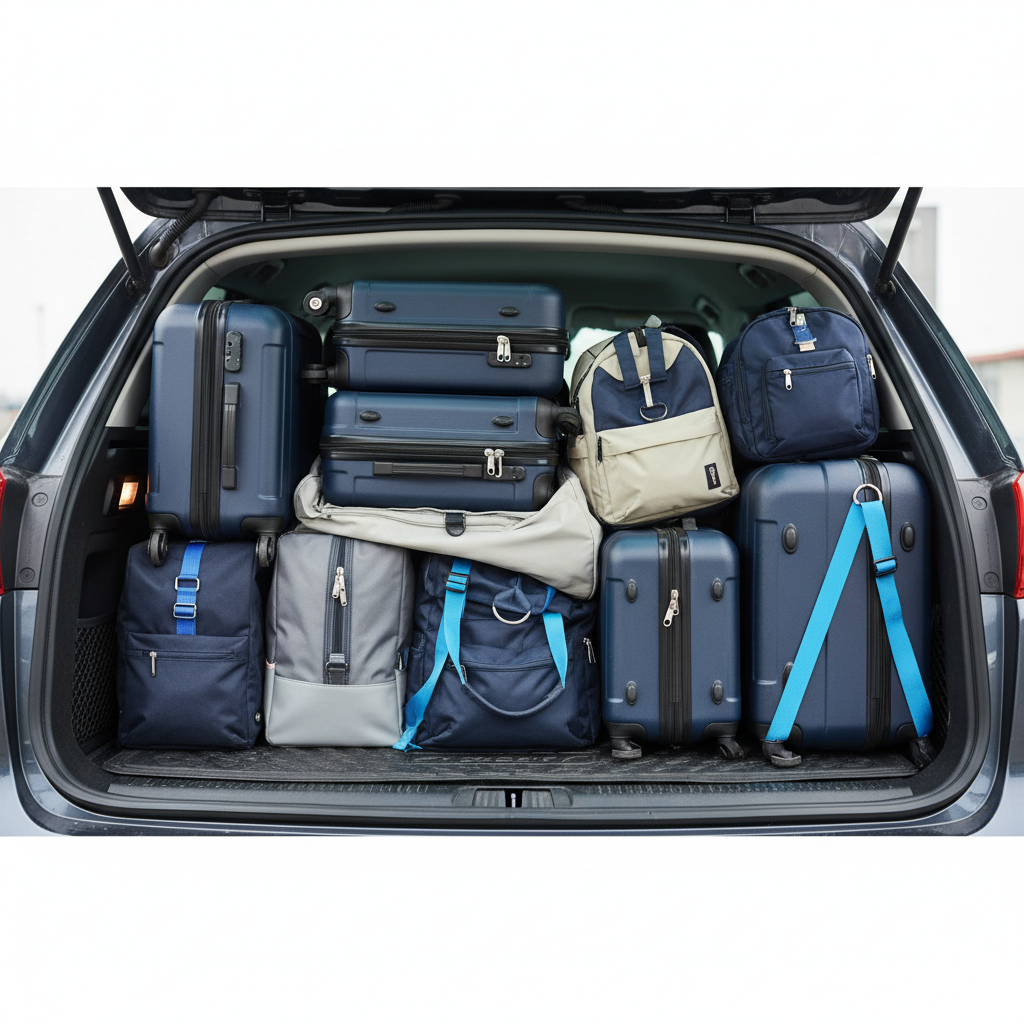 a collection of various size suitcases and travel bags neatly arranged in a spacious vehicle trunk, illustrating ample l - Maxicab To Changi Airport