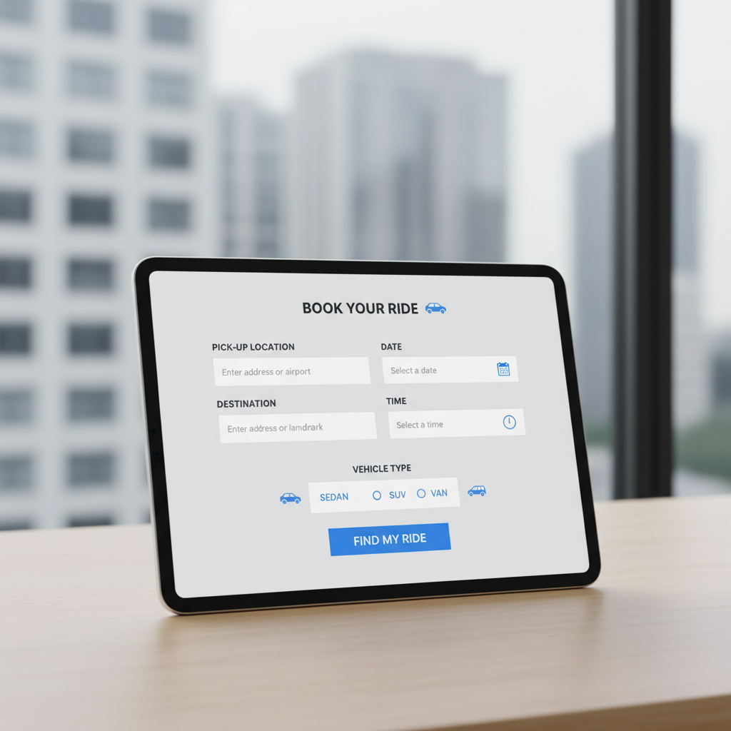a digital mock-up of a straightforward online booking interface for a transportation service, showing fields for pick-up - Maxicab To Changi Airport