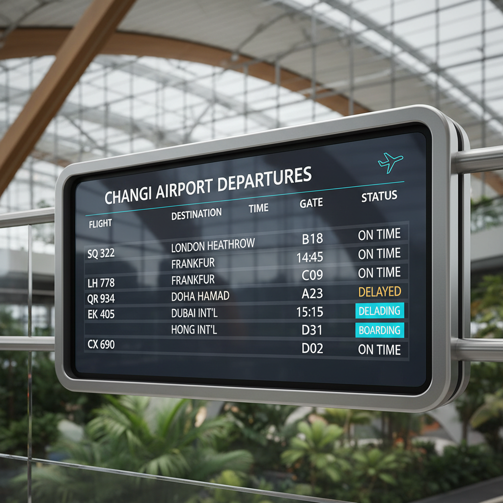 a digital airport sign displaying flight information and gate numbers at Changi Airport, with hints of modern architectu - Maxicab To Changi Airport