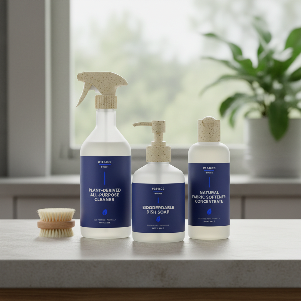 a collection of stylish, minimalist cleaning product bottles made from recycled glass and reclaimed plastic, with labels