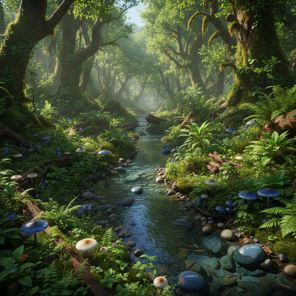 a lush, verdant forest floor with clear streams, illustrating a healthy ecosystem free from chemical pollution