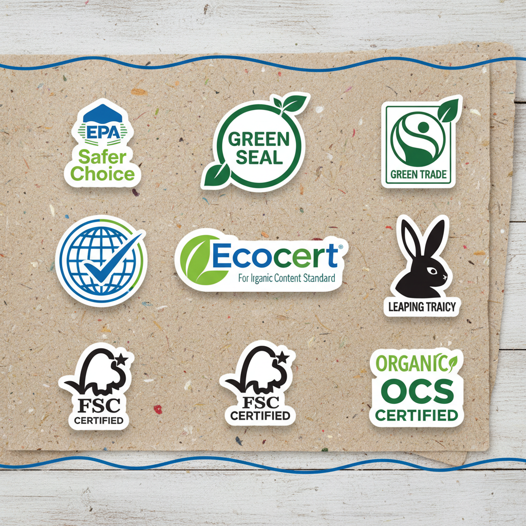 a collection of globally recognized eco-certification logos (e.g., EPA Safer Choice, Green Seal, Ecocert, leaping bunny)