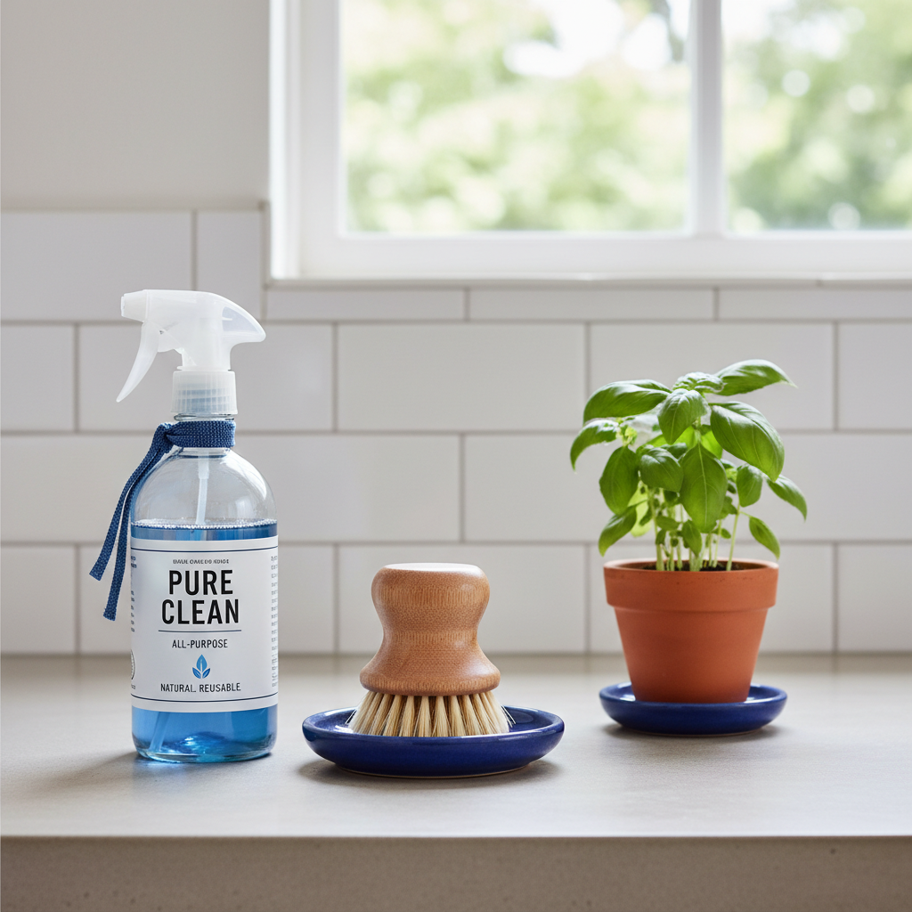 a minimalist kitchen counter with a spray bottle of eco-friendly all-purpose cleaner, a wooden scrubbing brush, and a po