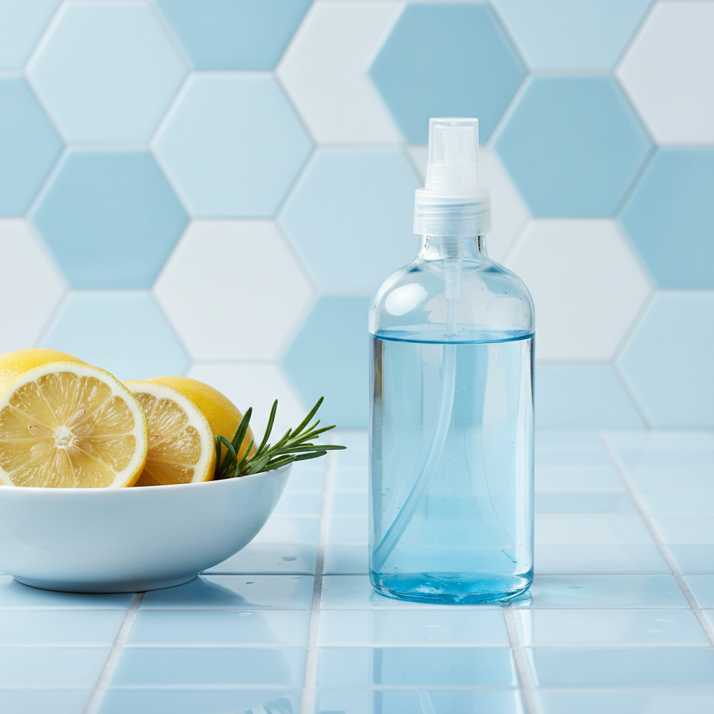 a clear glass spray bottle filled with a translucent liquid, next to a bowl of fresh lemon slices and a sprig of fragran