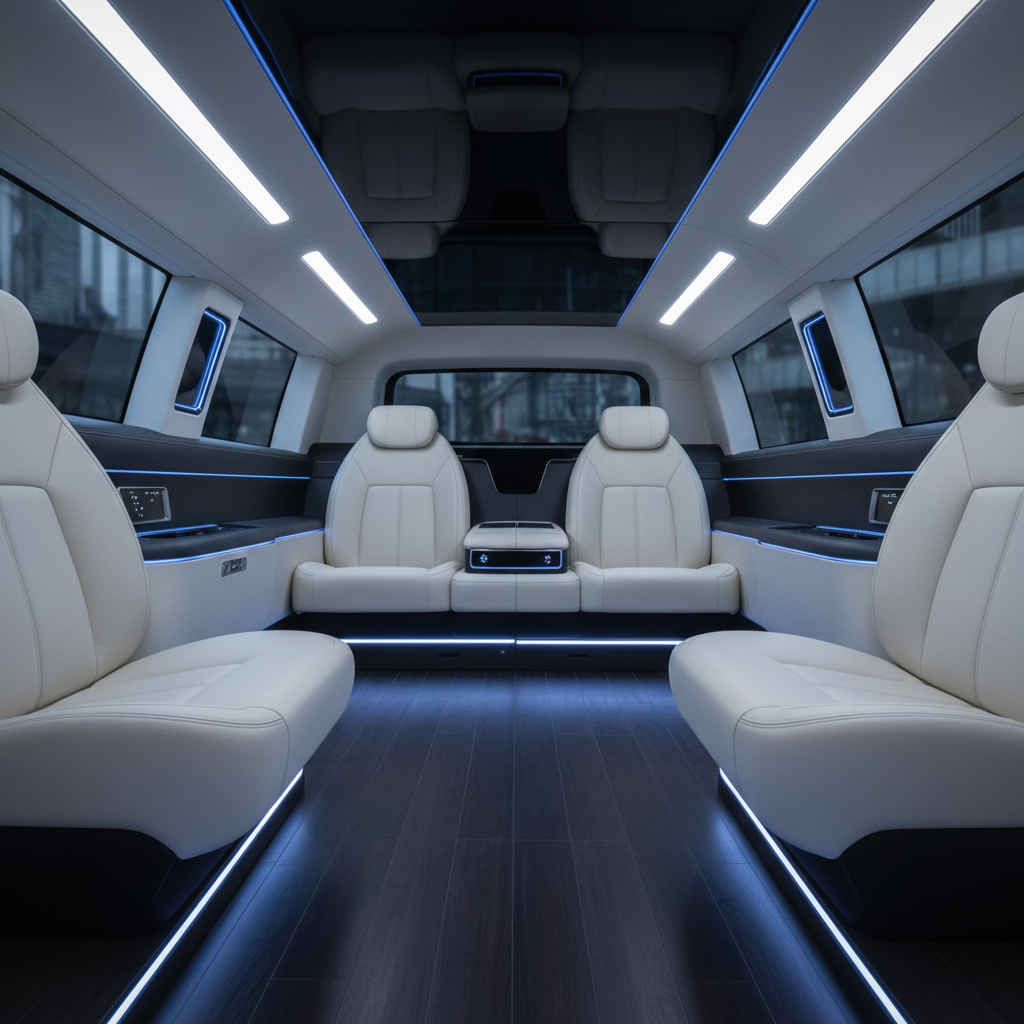 a clean, minimalist interior of a modern limousine, showing comfortable seating and ample legroom. No people present. - cruise terminal transfers Singapore
