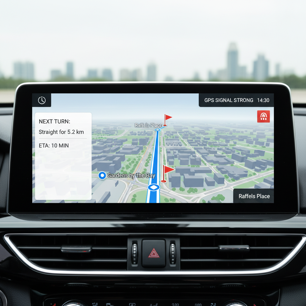 A GPS navigation interface showing a clear, direct route between two points on a Singapore map, with no deviation. The i - point to point transfer