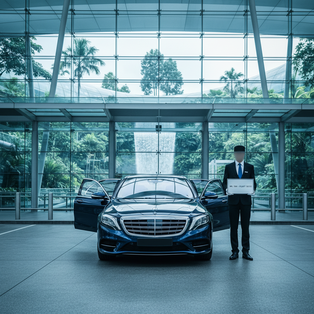A luxury sedan or maxicab parked directly in front of the arrival exit at Singapore Changi Airport, chauffeur standing b - point to point transfer