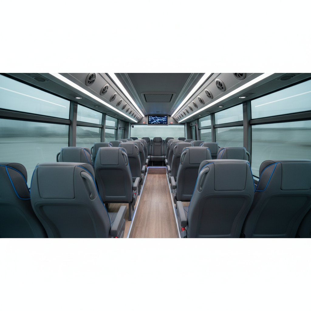An interior shot of a clean, modern maxicab or minibus, showing comfortable seating arrangements, ample legroom, and air - point to point transfer