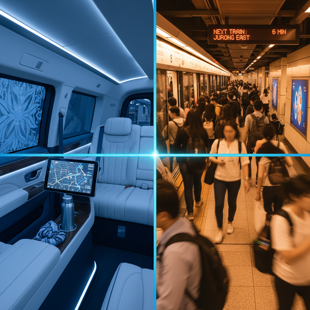 A split image showing two contrasting transport scenes in Singapore: one side with a serene, luxurious vehicle interior, - point to point transfer