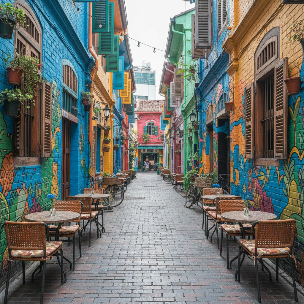 A narrow alleyway with brightly coloured shophouses, vibrant street art murals, and quaint outdoor cafe seating in an ur - unique shopping experiences Singapore