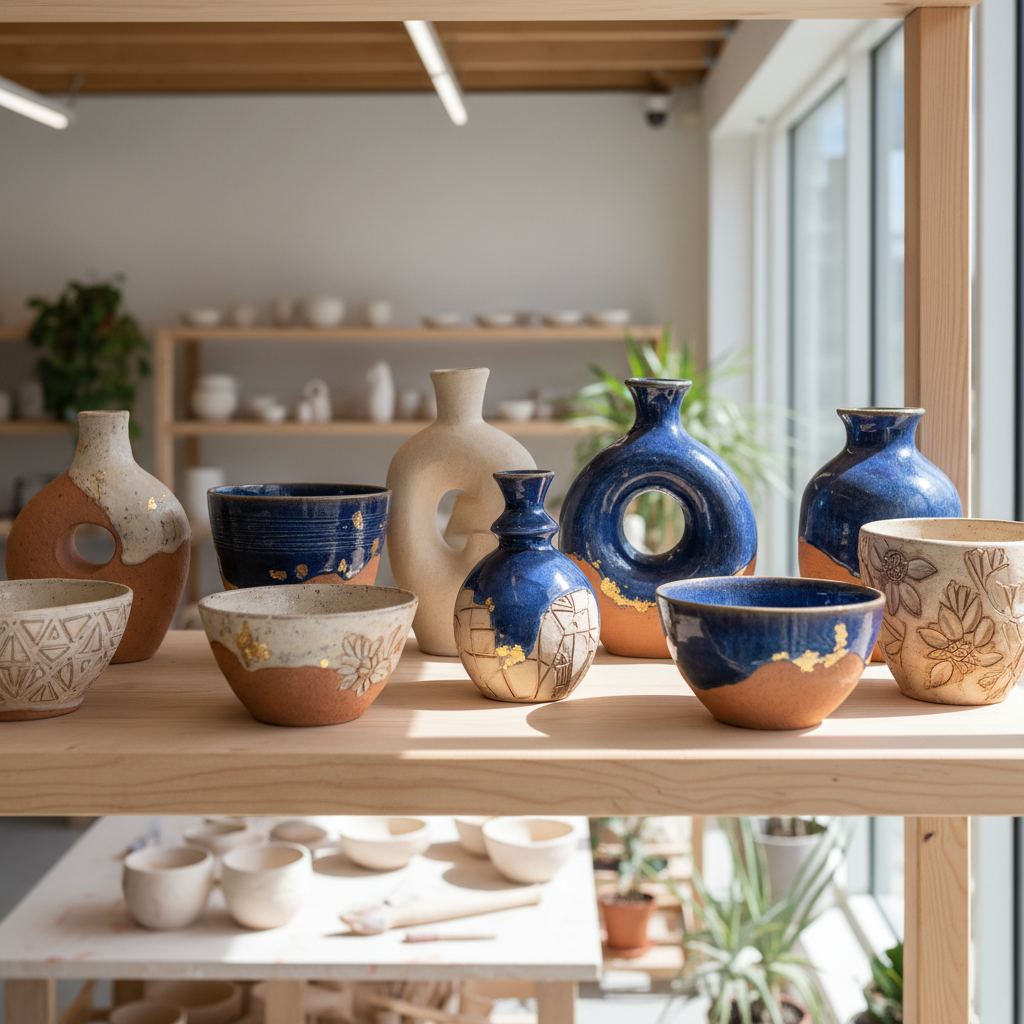 Close-up of intricate handcrafted pottery pieces displayed on a wooden shelf in a bright, modern artisan workshop - unique shopping experiences Singapore