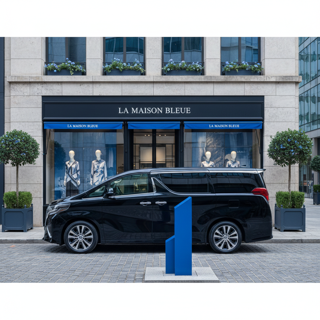 A sleek black luxury van, such as an Alphard, parked neatly outside a stylish boutique on an urban street - unique shopping experiences Singapore