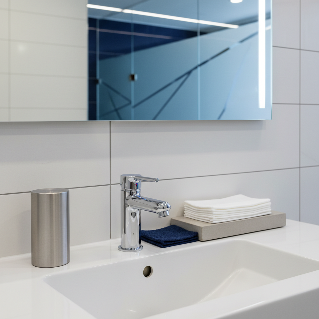 a clean, minimalist sink area in a commercial washroom with a gleaming faucet, soap dispenser, and a stack of fresh pape