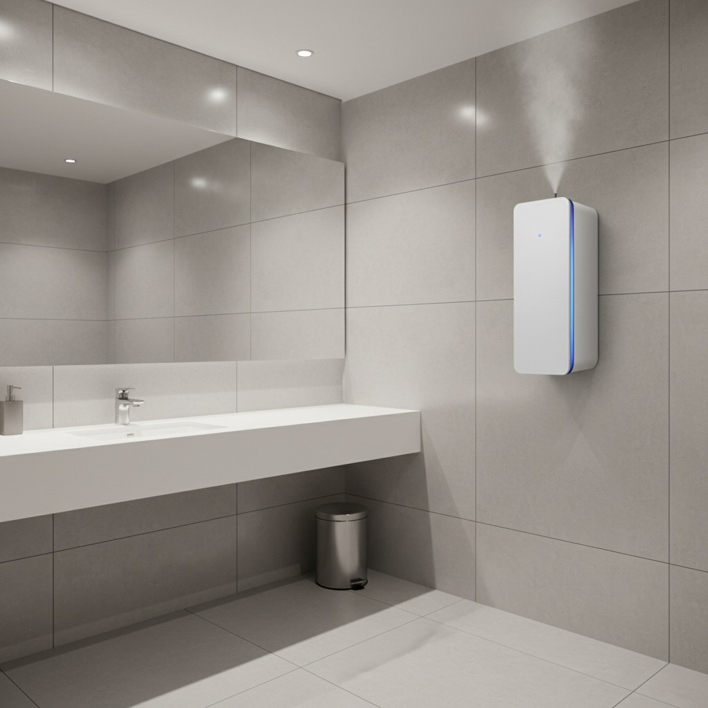 a professional-grade air purification device or odour neutralizer discreetly placed in the corner of a clean, modern com