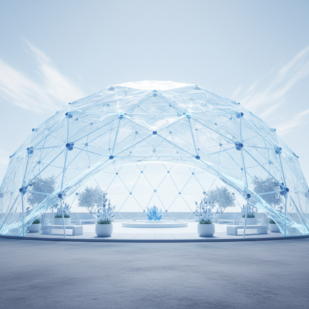 an abstract visualization of a clean, protective barrier enveloping a public space, representing germ prevention and hyg