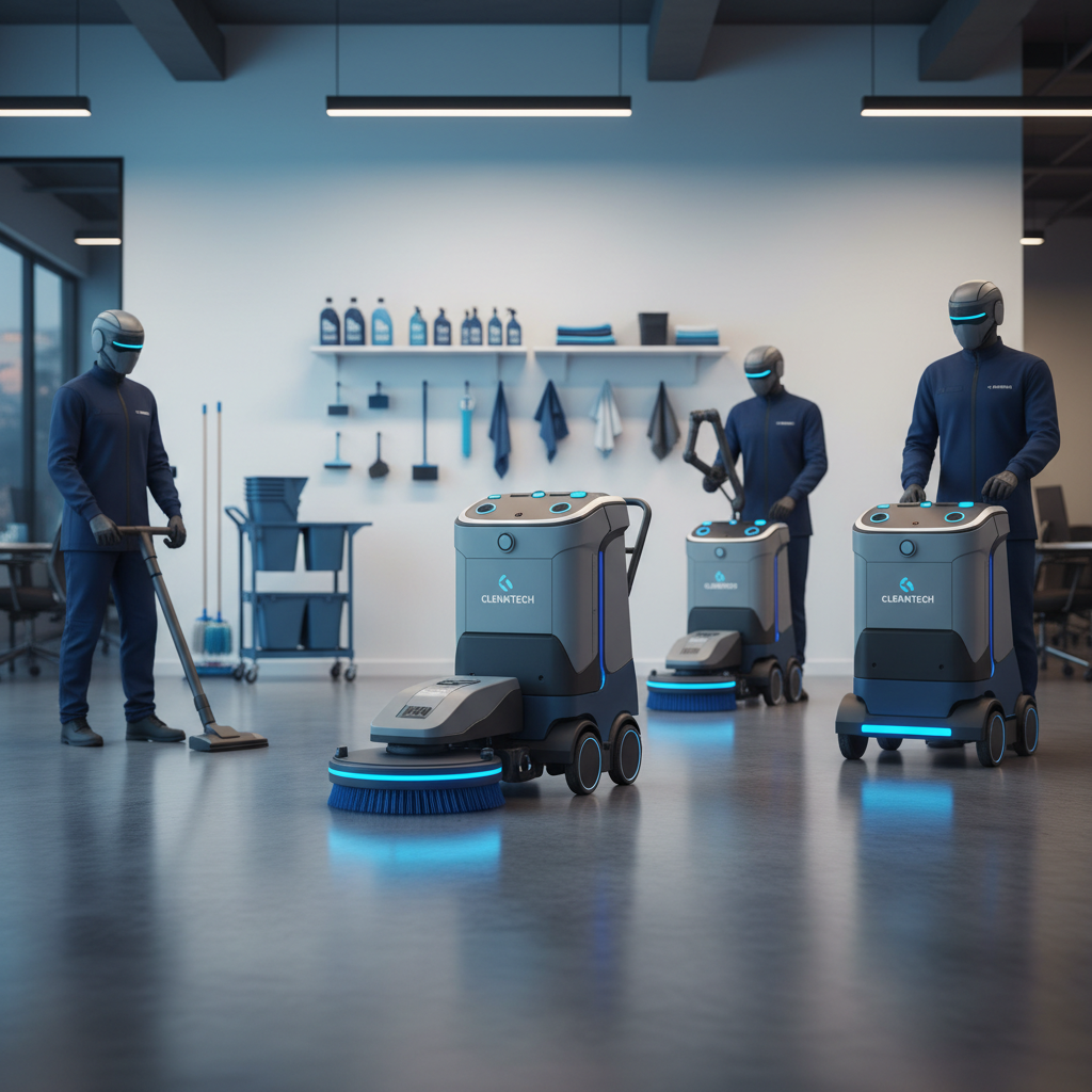 a team of professional cleaners in uniform, working efficiently and discretely within a commercial space, with cleaning 