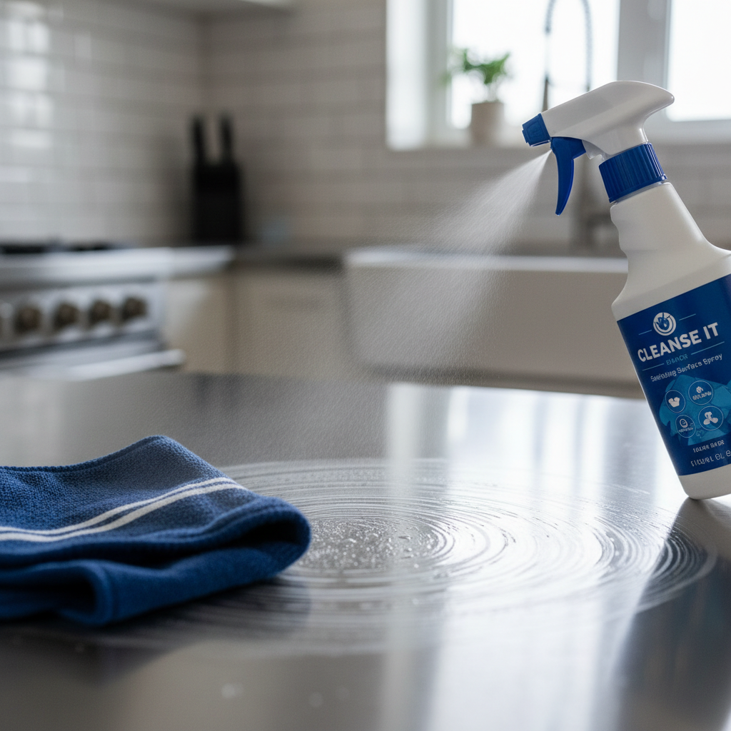 a close-up of a kitchen countertop being wiped down with a sanitizing spray, showing a clean, sleek surface and a streak